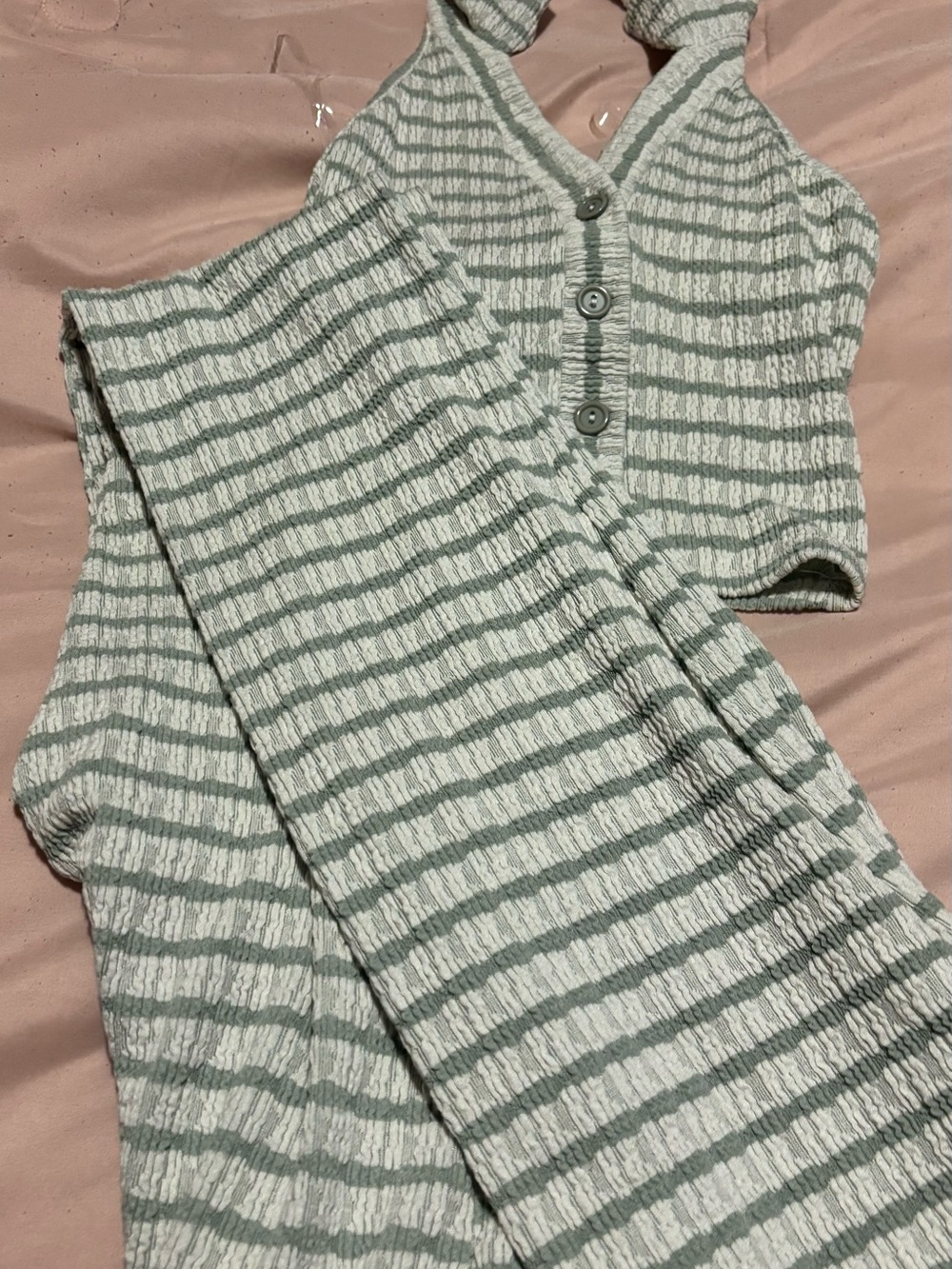 Womens Striped Green & White 2 piece halter Set - Soft Ribbed Two-Piece
